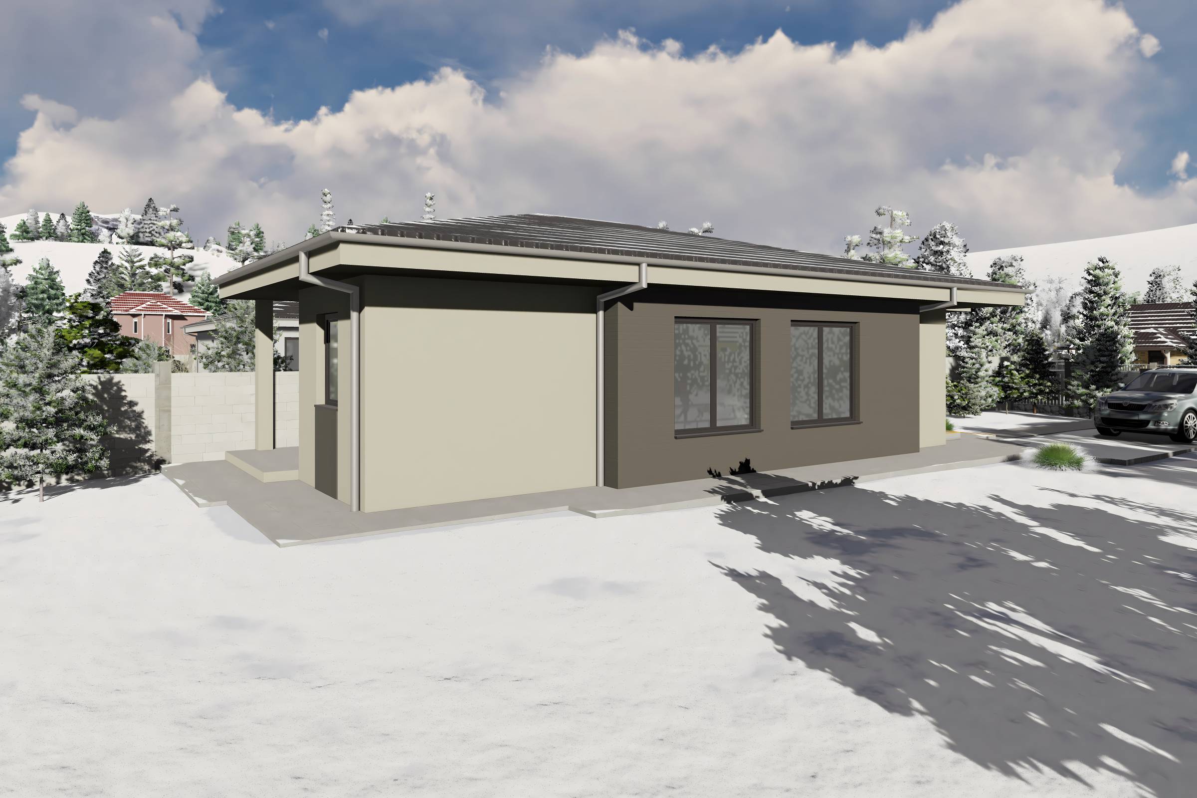 Proiect casa structura metalica alipita la calcan 2 camere - fatada casa pe teren ingust poza 15