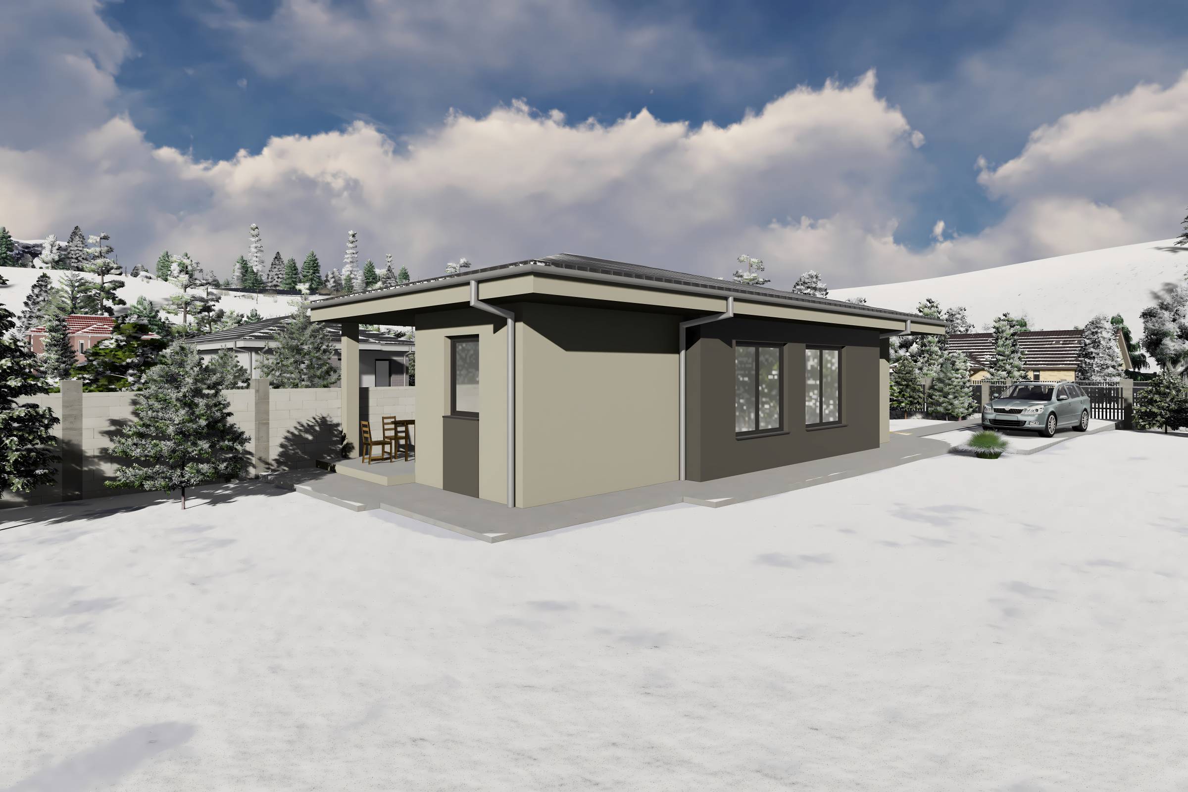 Proiect casa structura metalica alipita la calcan 2 camere - fatada casa pe teren ingust poza 16