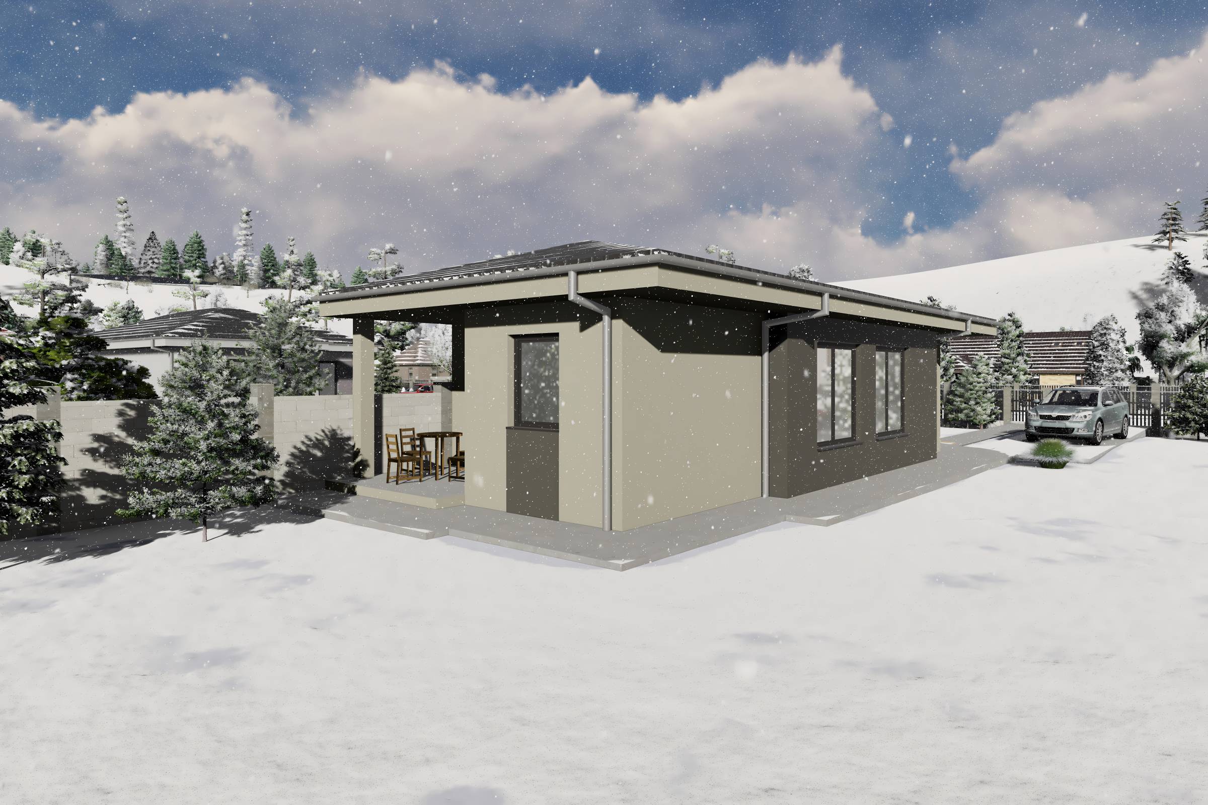 Proiect casa structura metalica alipita la calcan 2 camere - fatada casa pe teren ingust poza 17