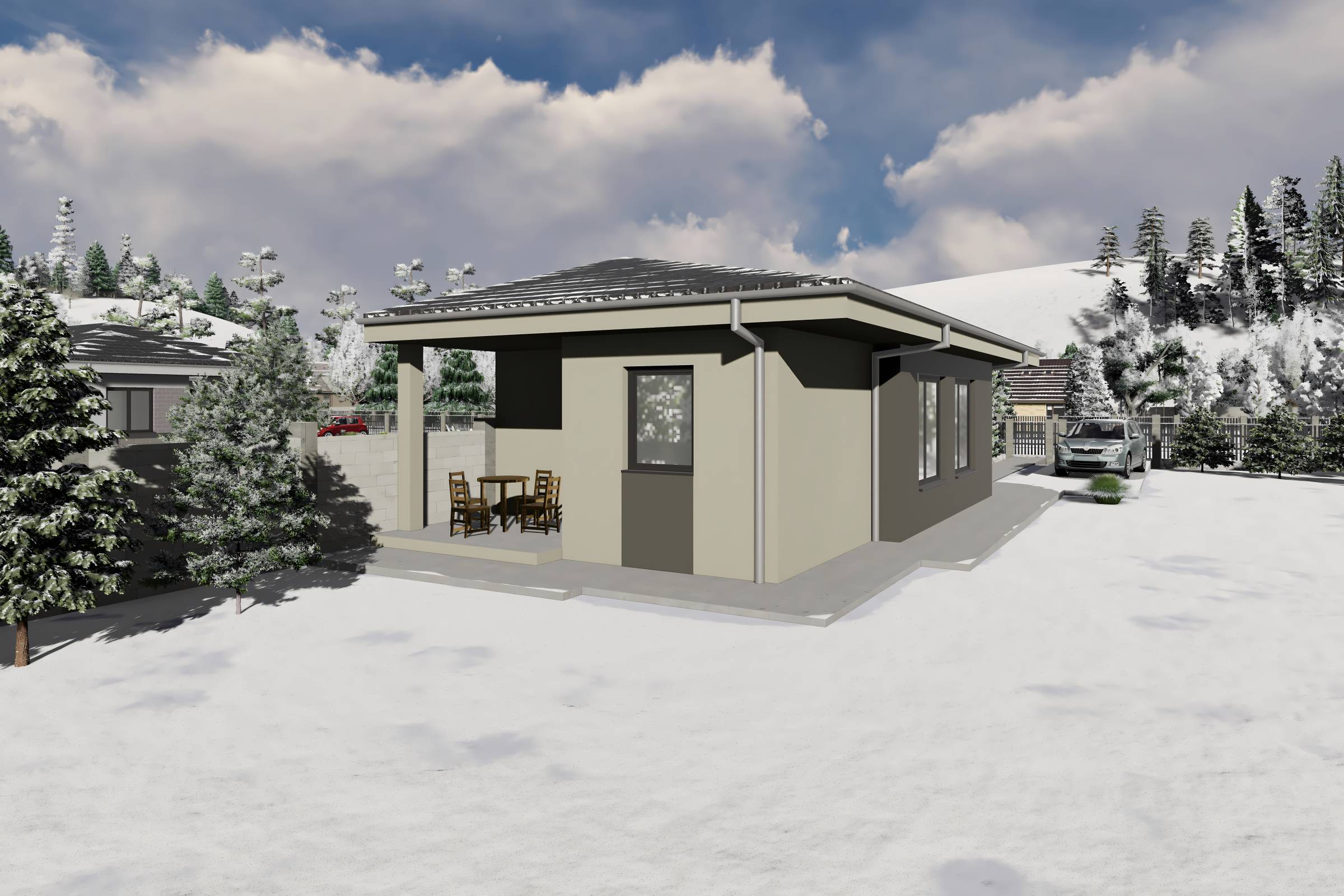 Proiect casa structura metalica alipita la calcan 2 camere - fatada casa pe teren ingust poza 18