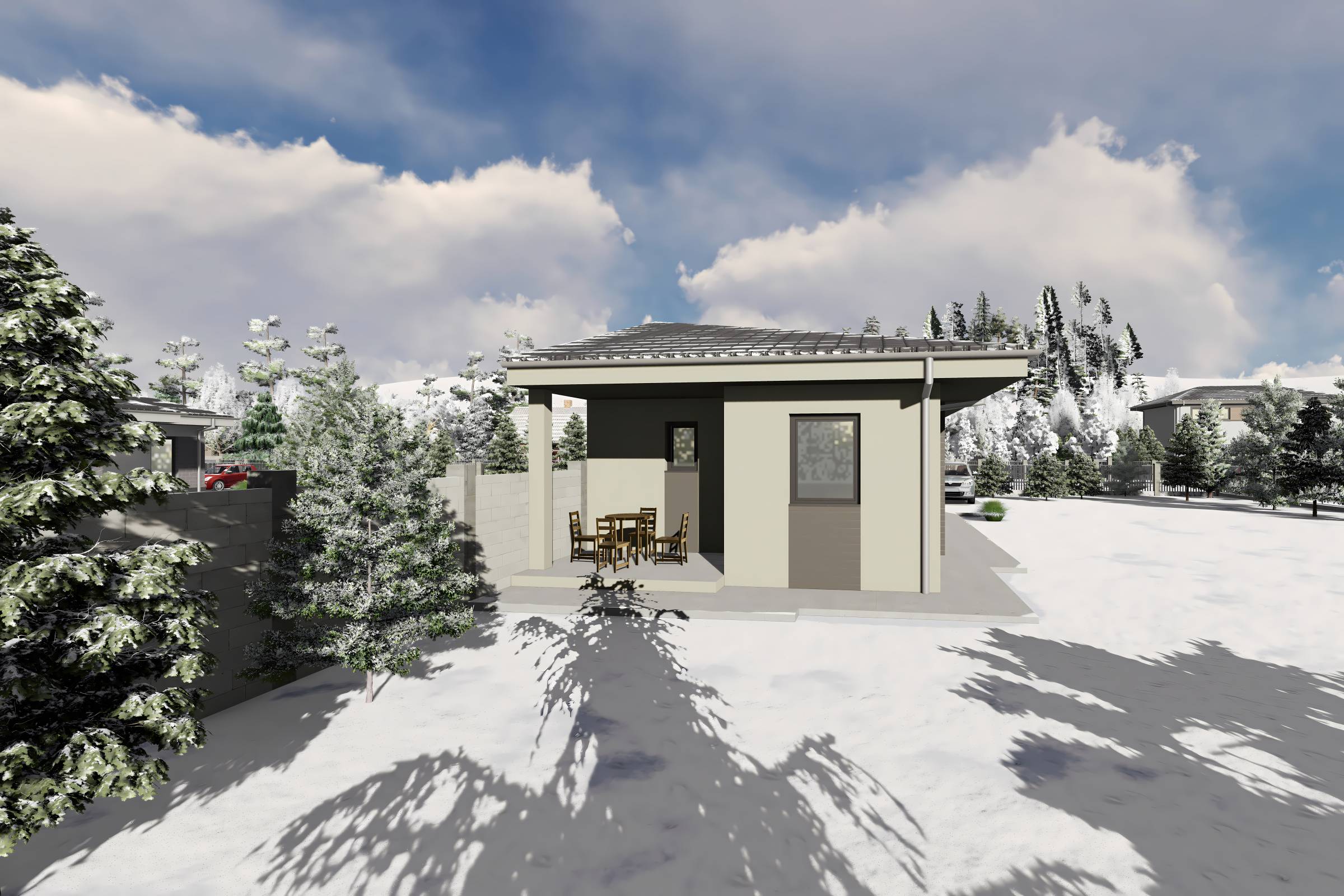 Proiect casa structura metalica alipita la calcan 2 camere - fatada casa pe teren ingust poza 19