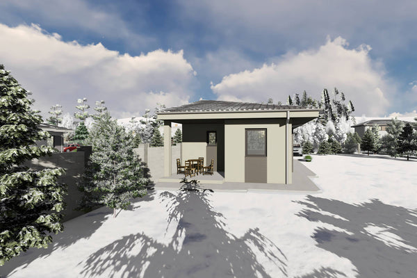 Proiect casa structura metalica alipita la calcan 2 camere - fatada casa pe teren ingust poza 19