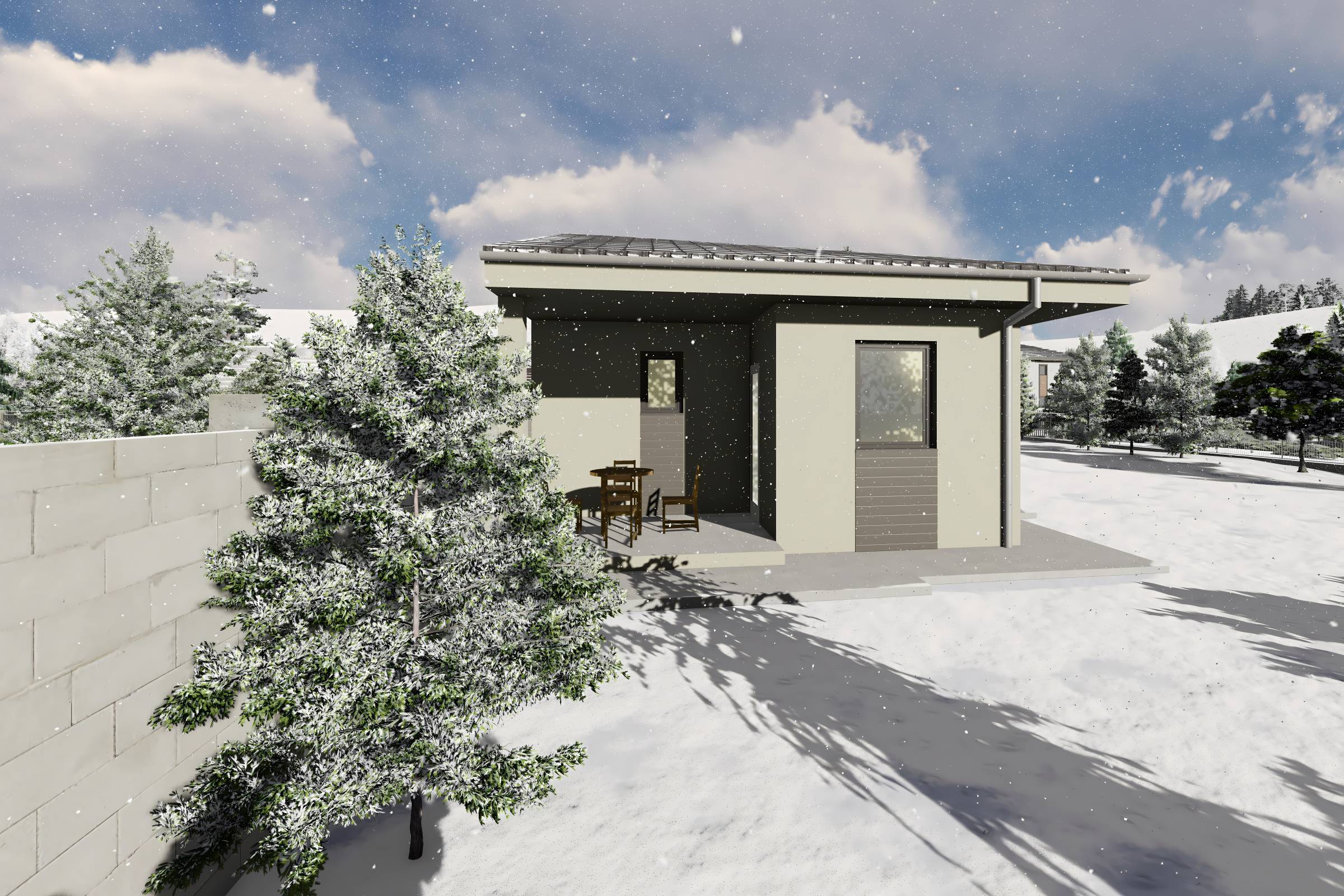 Proiect casa structura metalica alipita la calcan 2 camere - fatada casa pe teren ingust poza 20