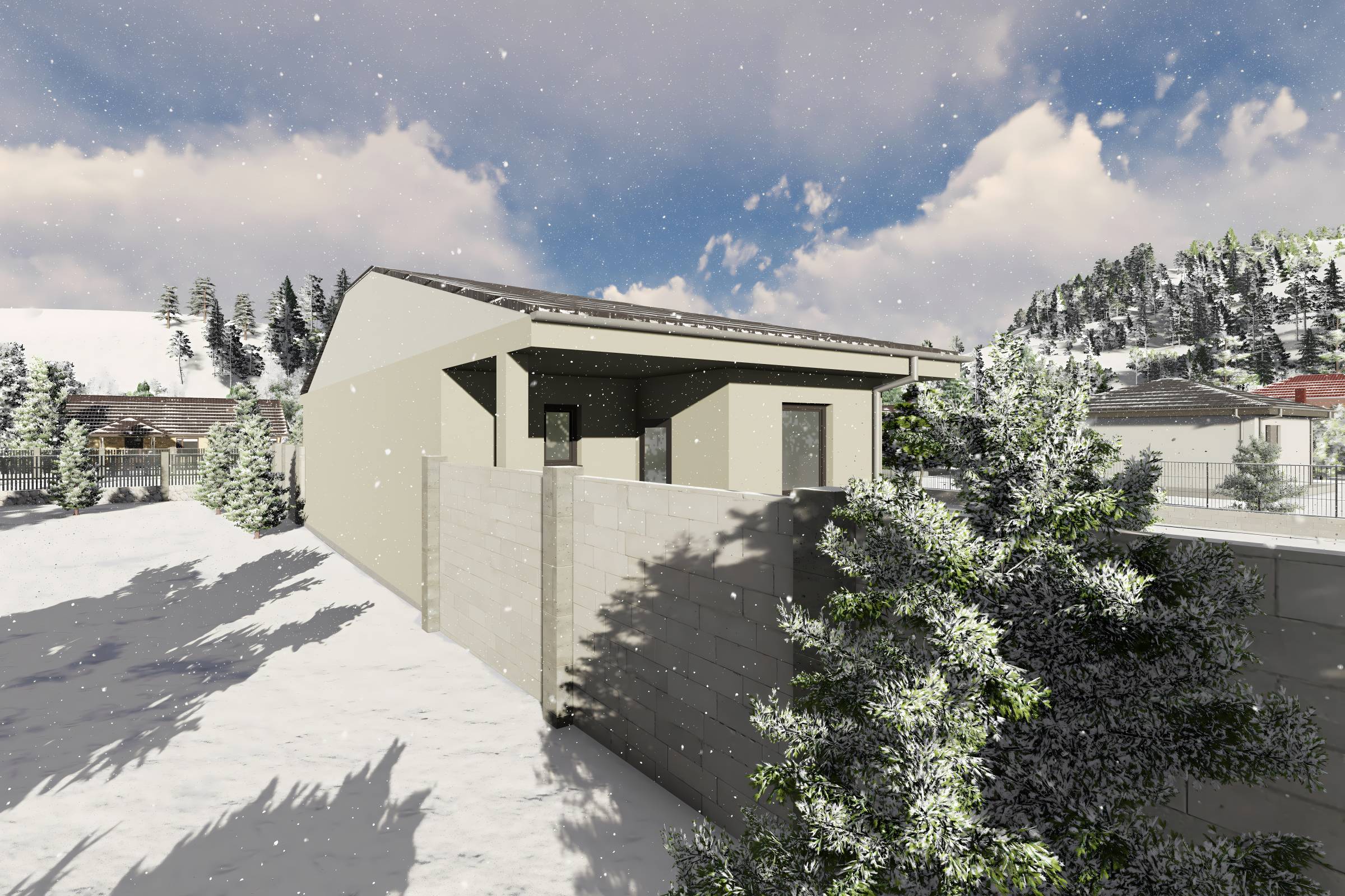 Proiect casa structura metalica alipita la calcan 2 camere - fatada casa pe teren ingust poza 21