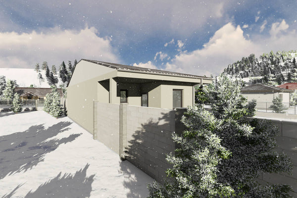 Proiect casa structura metalica alipita la calcan 2 camere - fatada casa pe teren ingust poza 21