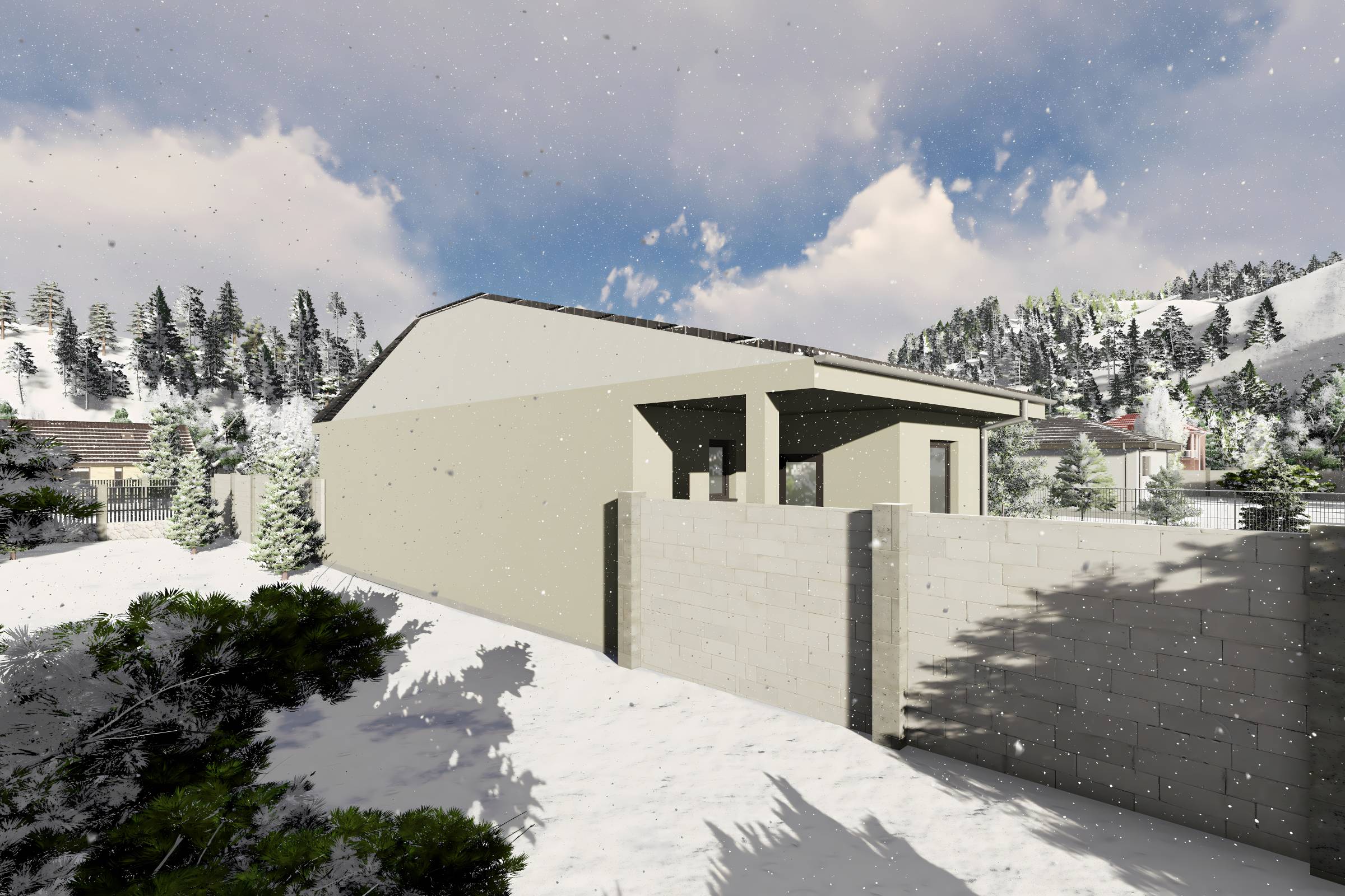 Proiect casa structura metalica alipita la calcan 2 camere - fatada casa pe teren ingust poza 22