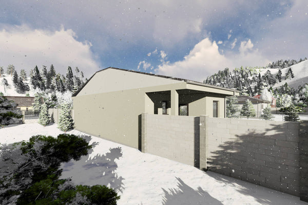 Proiect casa structura metalica alipita la calcan 2 camere - fatada casa pe teren ingust poza 22