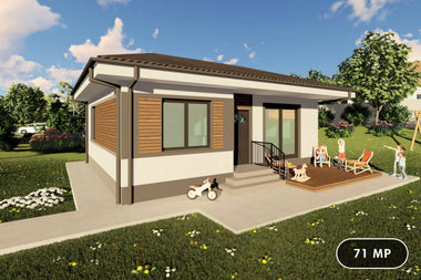 Proiect casa structura metalica cu 2  dormitoare 1 baie 70mp - design casa parter moderna cu caramida aparenta 01