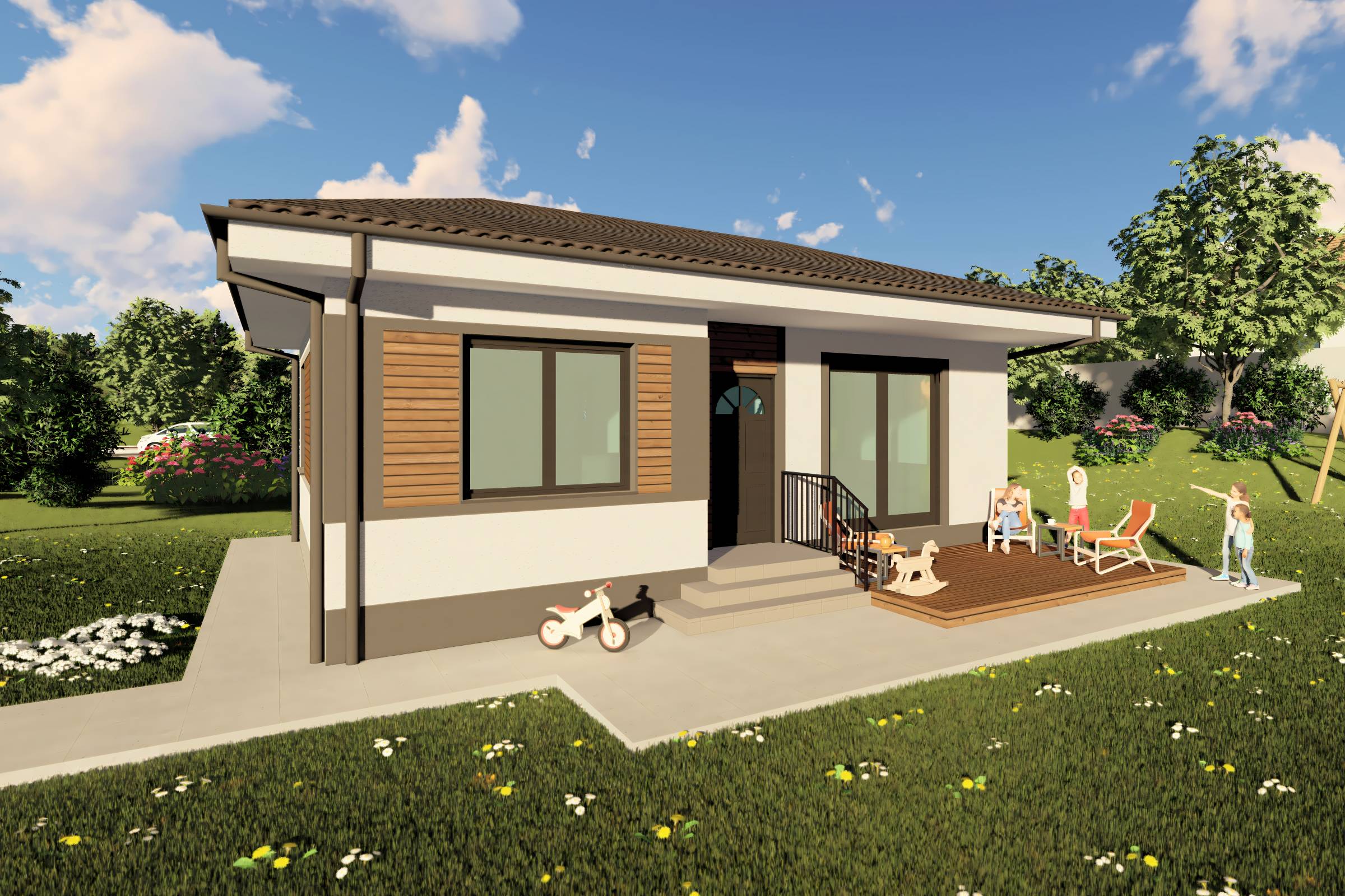 Proiect casa structura metalica cu 2  dormitoare 1 baie 70mp - design casa parter moderna cu caramida aparenta 02