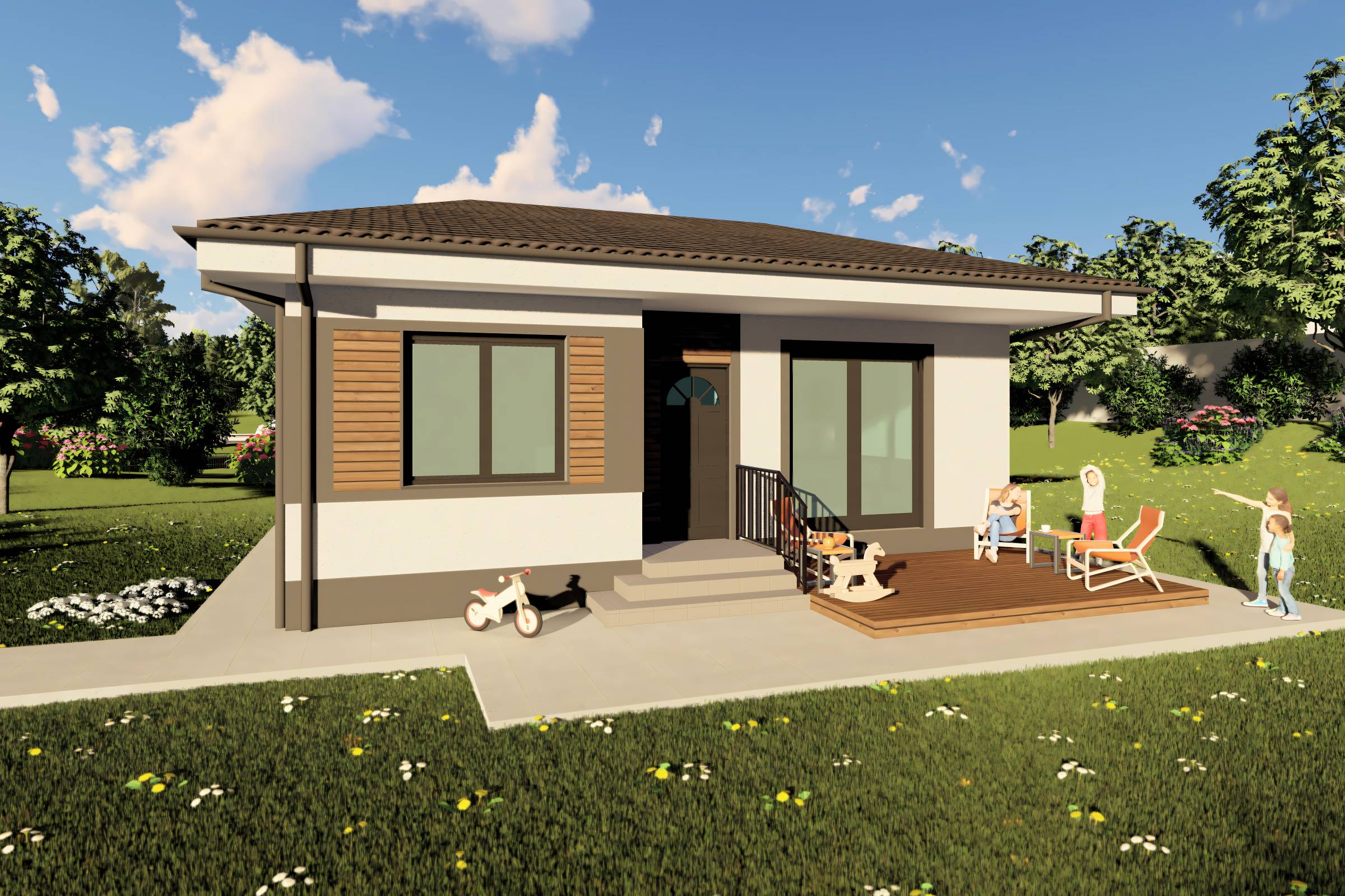 Proiect casa structura metalica cu 2  dormitoare 1 baie 70mp - design casa parter moderna cu caramida aparenta 03