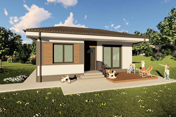 Proiect casa structura metalica cu 2  dormitoare 1 baie 70mp - design casa parter moderna cu caramida aparenta 03