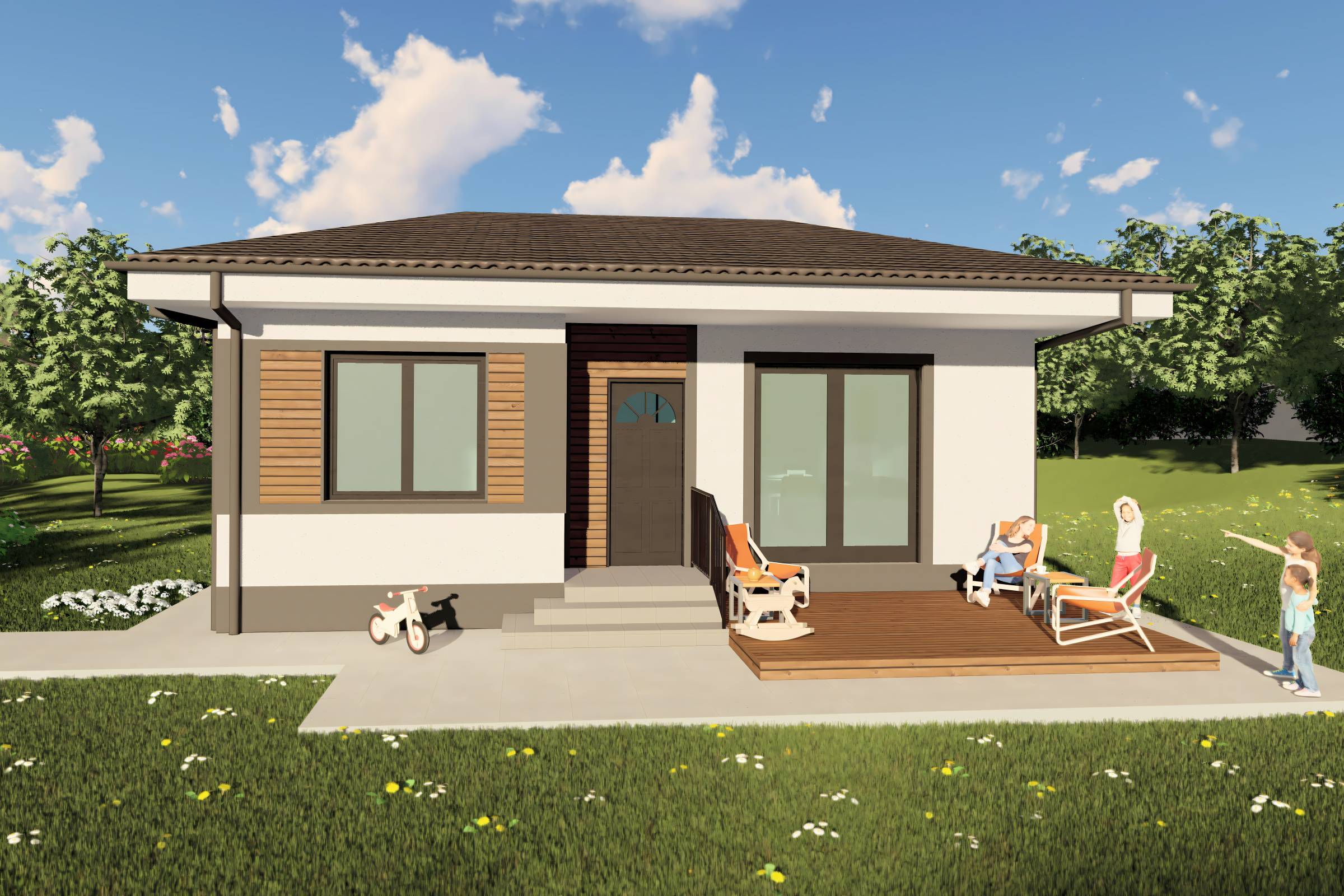 Proiect casa structura metalica cu 2  dormitoare 1 baie 70mp - design casa parter moderna cu caramida aparenta 04