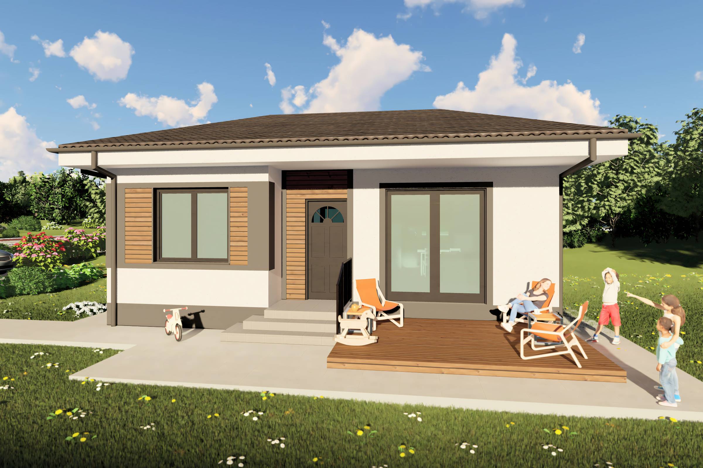Proiect casa structura metalica cu 2  dormitoare 1 baie 70mp - design casa parter moderna cu caramida aparenta 05