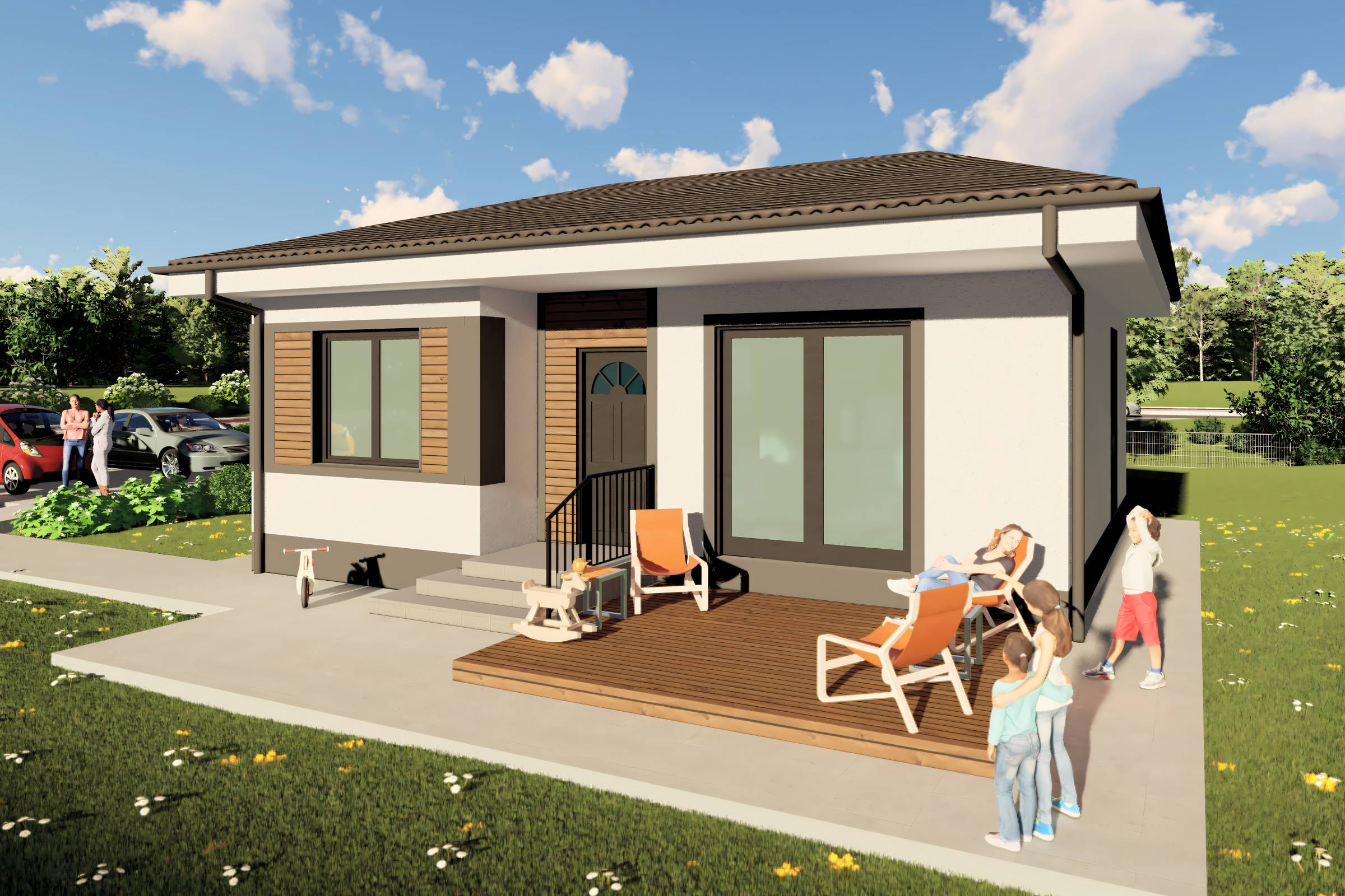 Proiect casa structura metalica cu 2  dormitoare 1 baie 70mp - design casa parter moderna cu caramida aparenta 06