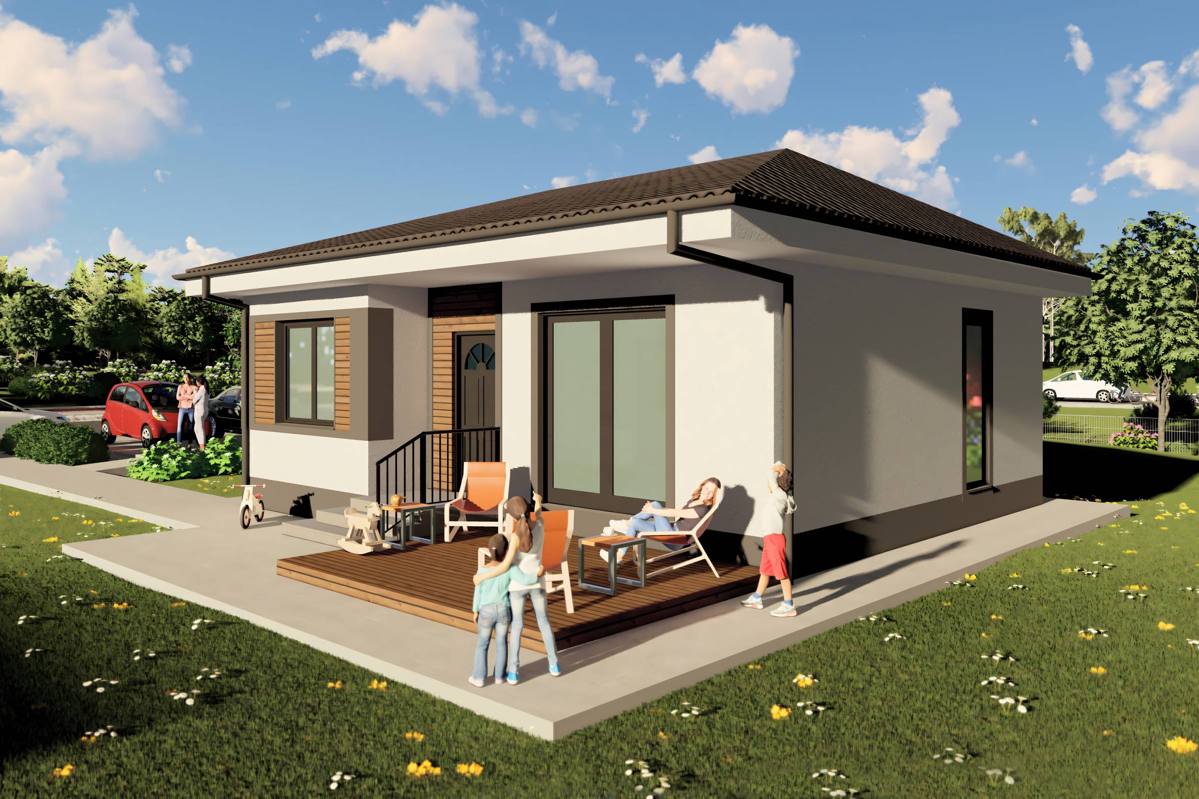 Proiect casa structura metalica cu 2  dormitoare 1 baie 70mp - design casa parter moderna cu caramida aparenta 07