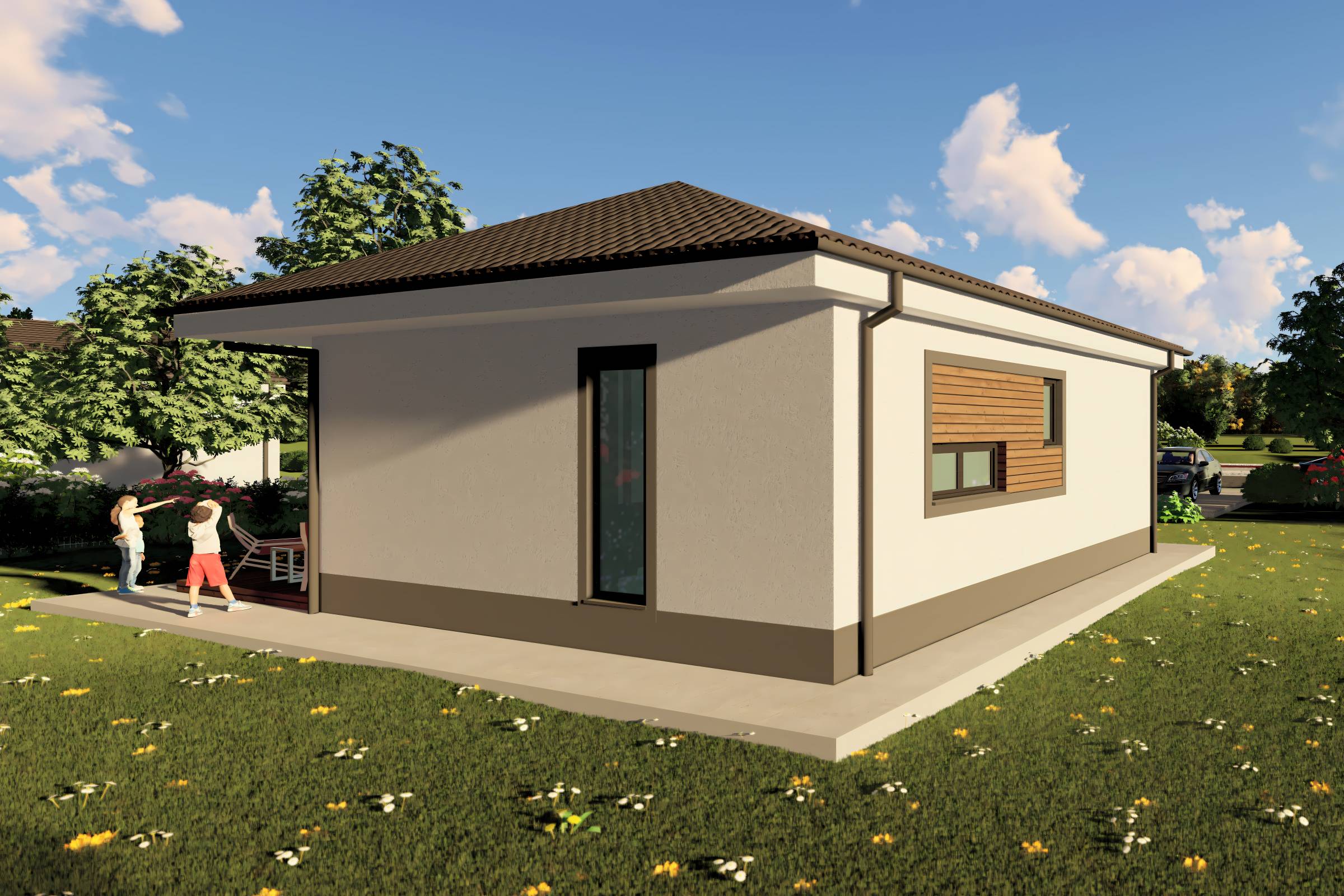 Proiect casa structura metalica cu 2  dormitoare 1 baie 70mp - design casa parter moderna cu caramida aparenta 08