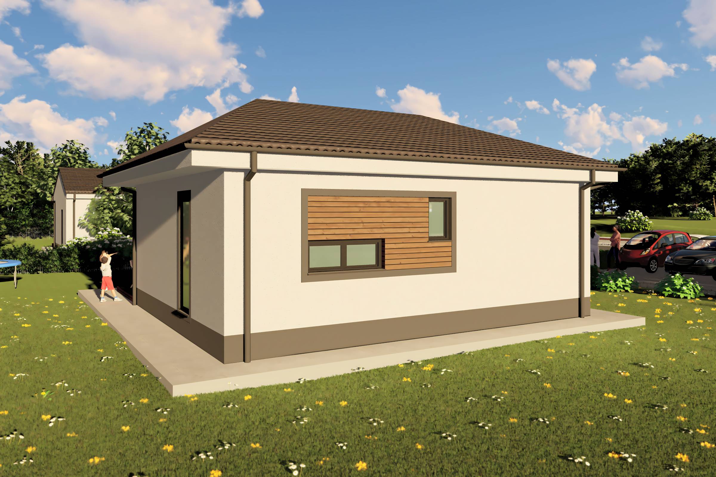 Proiect casa structura metalica cu 2  dormitoare 1 baie 70mp - design casa parter moderna cu caramida aparenta 09