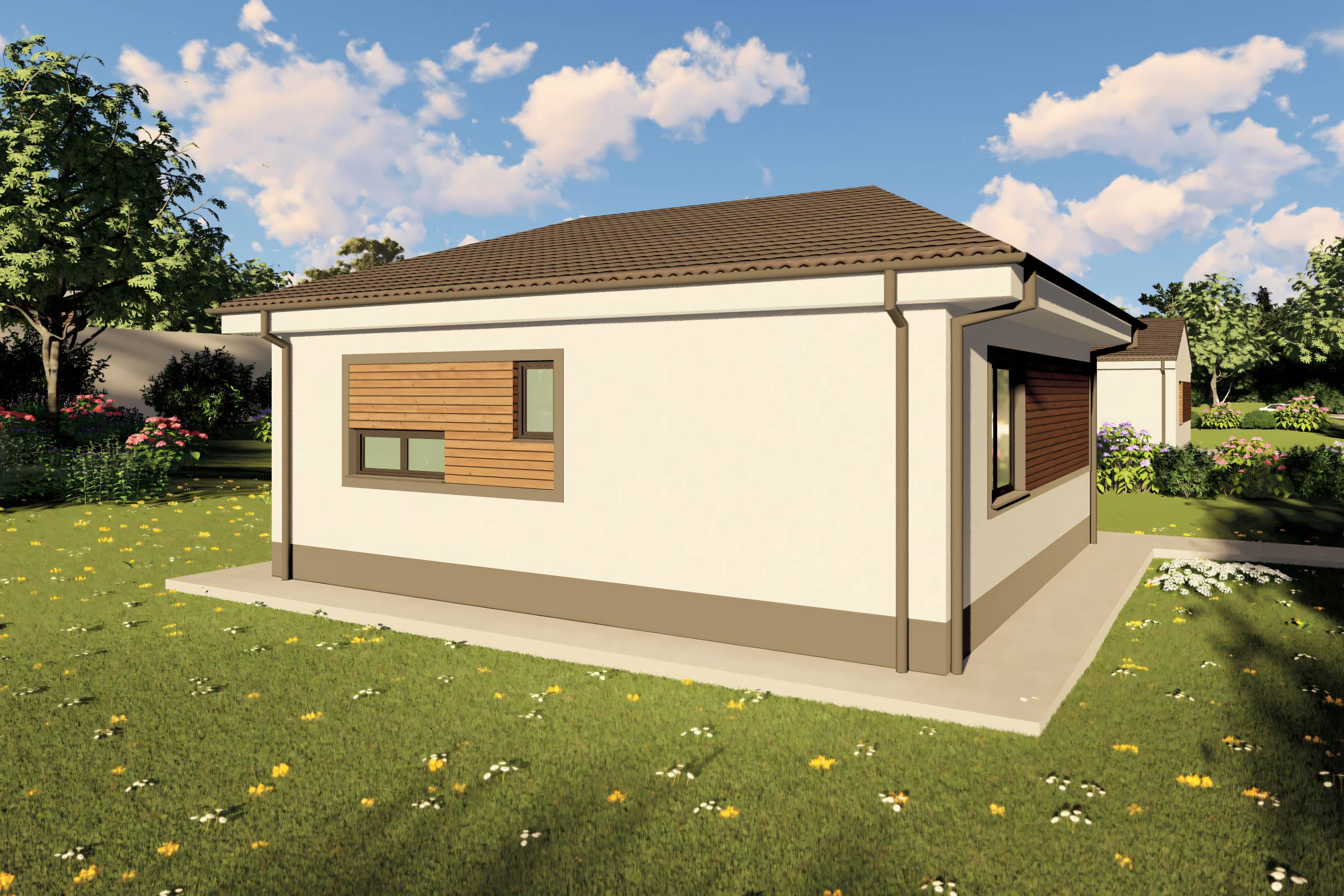 Proiect casa structura metalica cu 2  dormitoare 1 baie 70mp - design casa parter moderna cu caramida aparenta 10