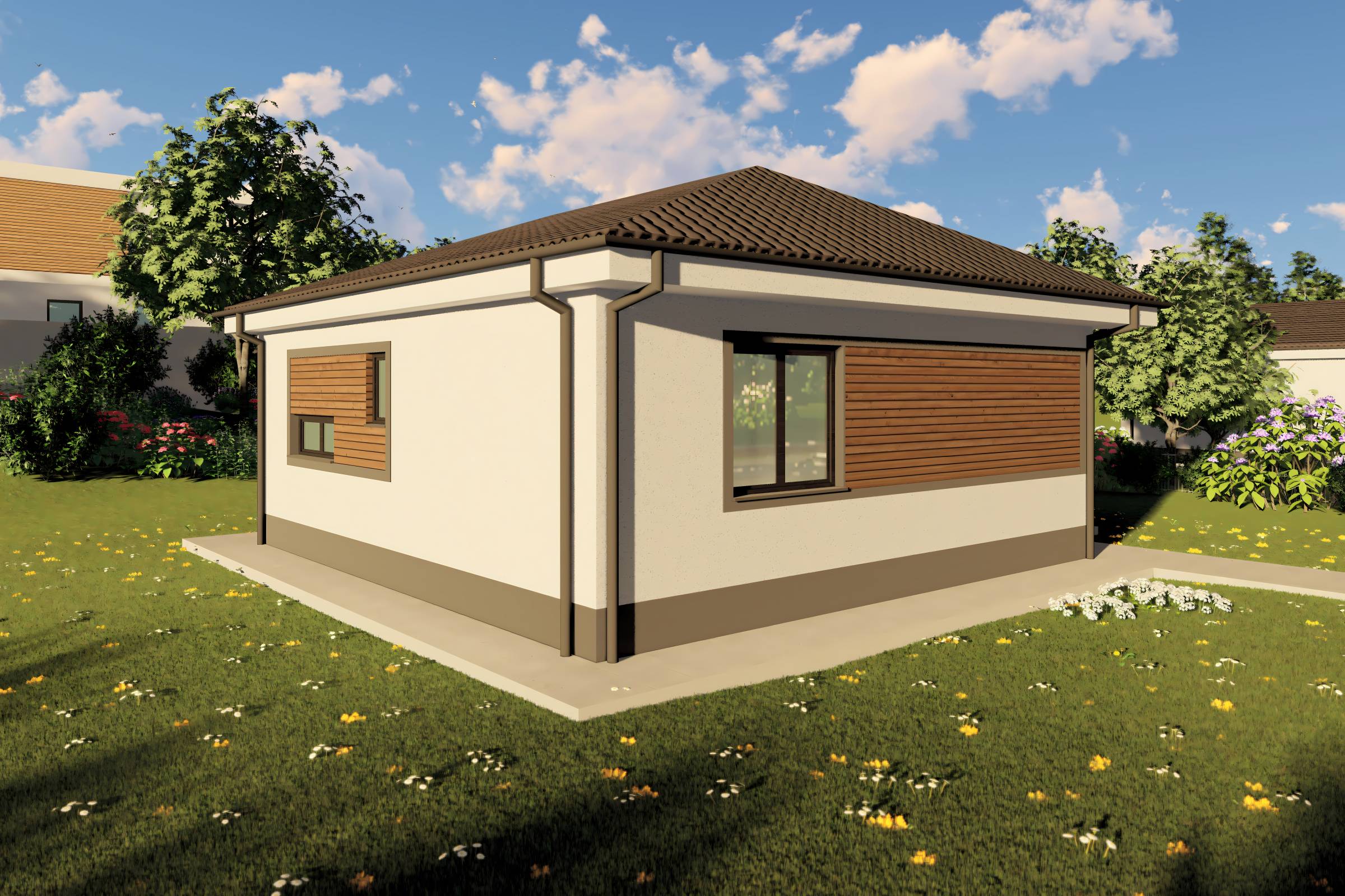 Proiect casa structura metalica cu 2  dormitoare 1 baie 70mp - design casa parter moderna cu caramida aparenta 11