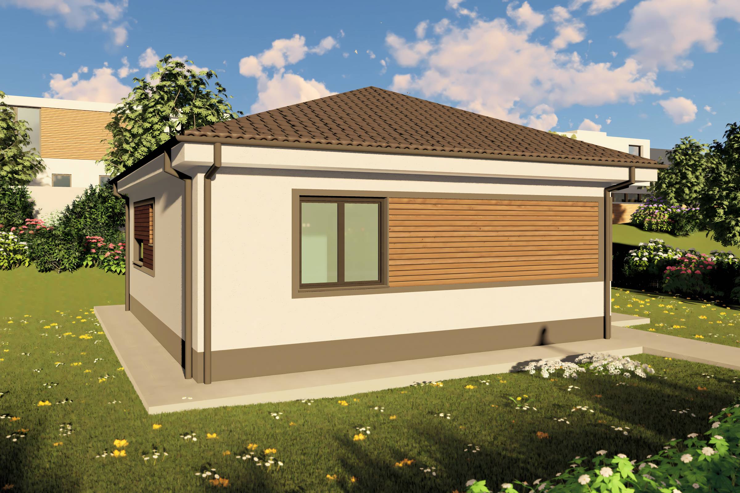 Proiect casa structura metalica cu 2  dormitoare 1 baie 70mp - design casa parter moderna cu caramida aparenta 12