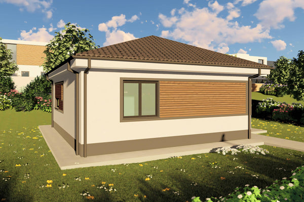 Proiect casa structura metalica cu 2  dormitoare 1 baie 70mp - design casa parter moderna cu caramida aparenta 12