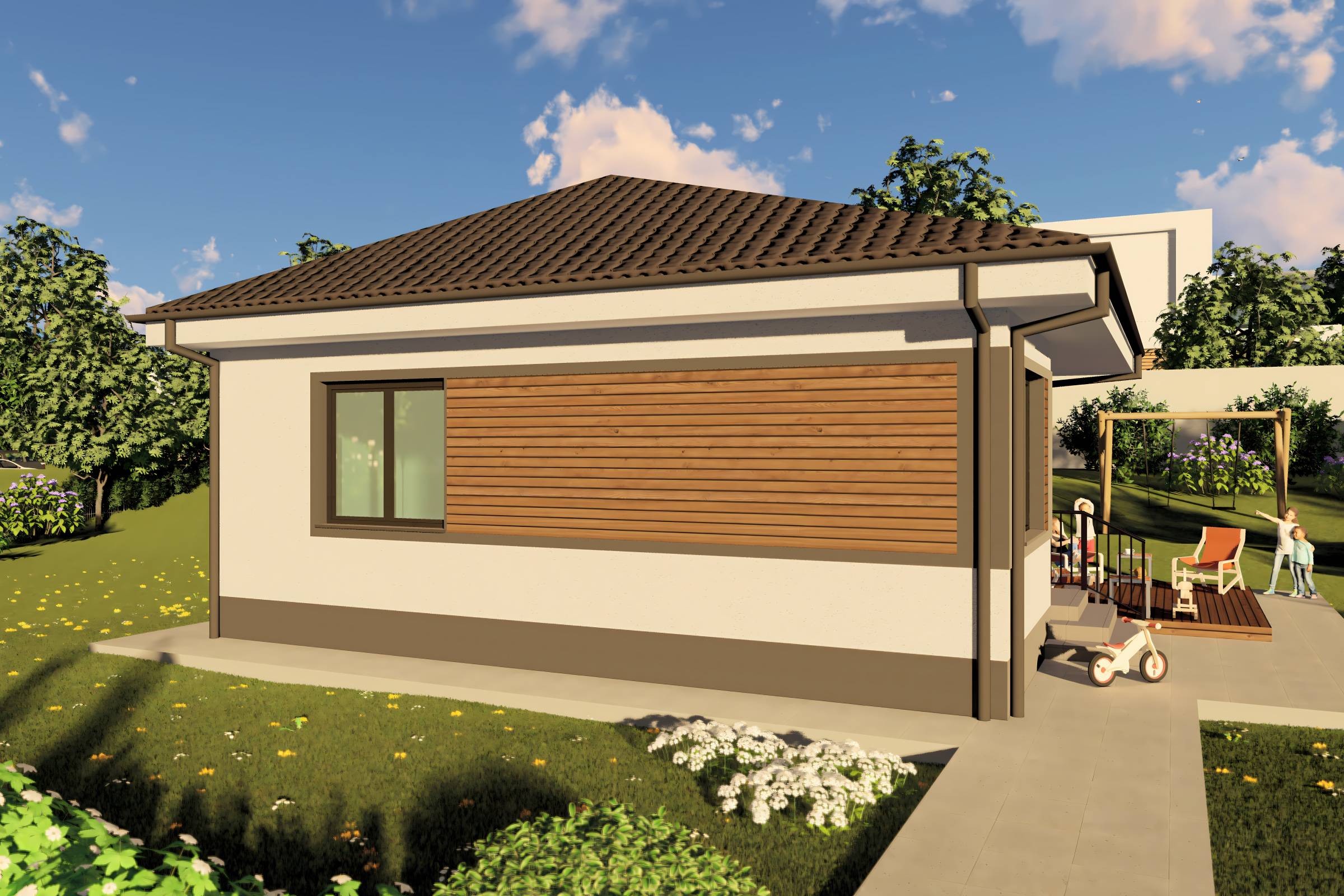 Proiect casa structura metalica cu 2  dormitoare 1 baie 70mp - design casa parter moderna cu caramida aparenta 13