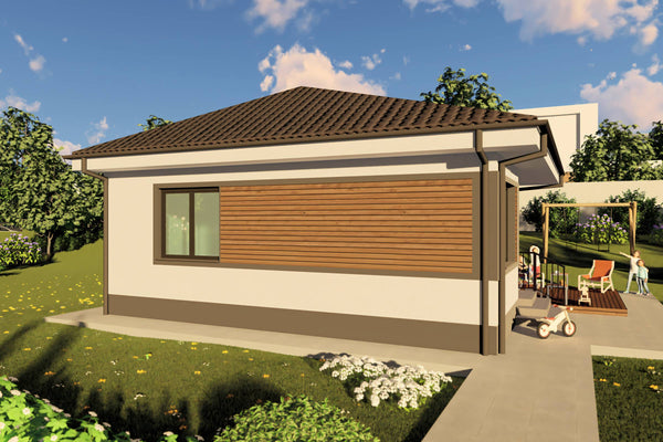 Proiect casa structura metalica cu 2  dormitoare 1 baie 70mp - design casa parter moderna cu caramida aparenta 13