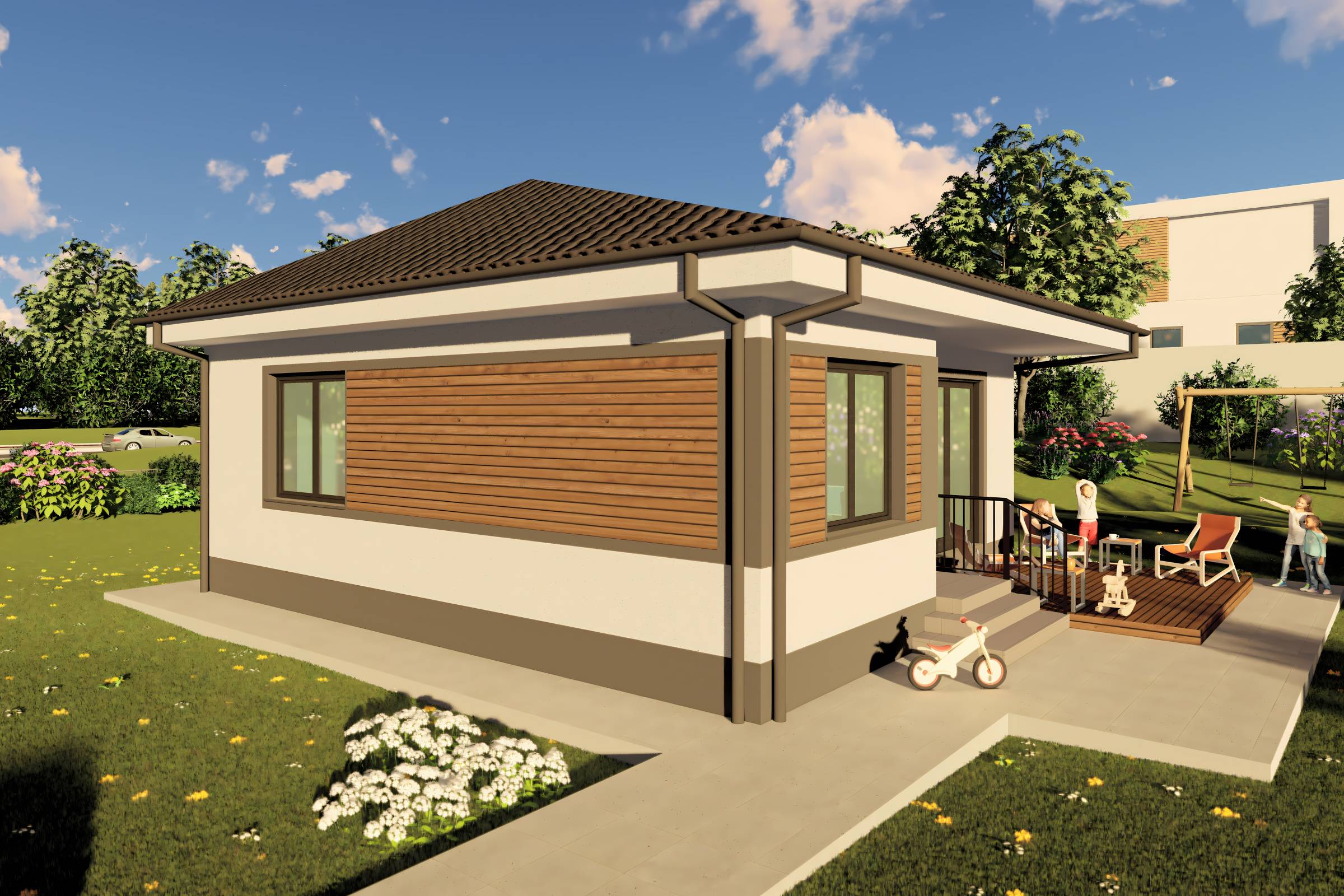 Proiect casa structura metalica cu 2  dormitoare 1 baie 70mp - design casa parter moderna cu caramida aparenta 14