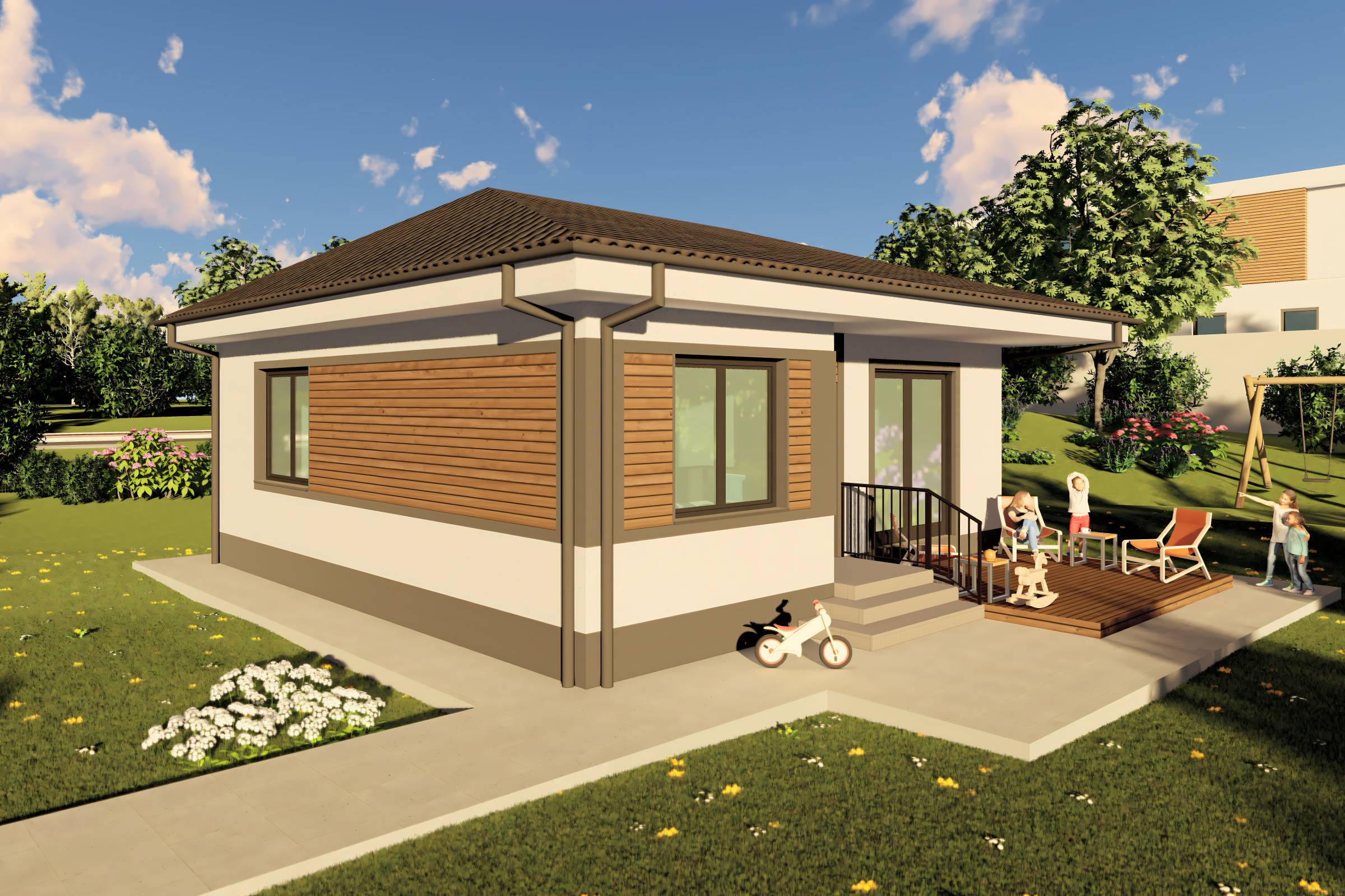 Proiect casa structura metalica cu 2  dormitoare 1 baie 70mp - design casa parter moderna cu caramida aparenta 15