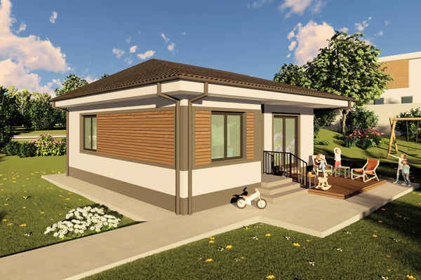 Proiect casa structura metalica cu 2  dormitoare 1 baie 70mp - design casa parter moderna cu caramida aparenta 15