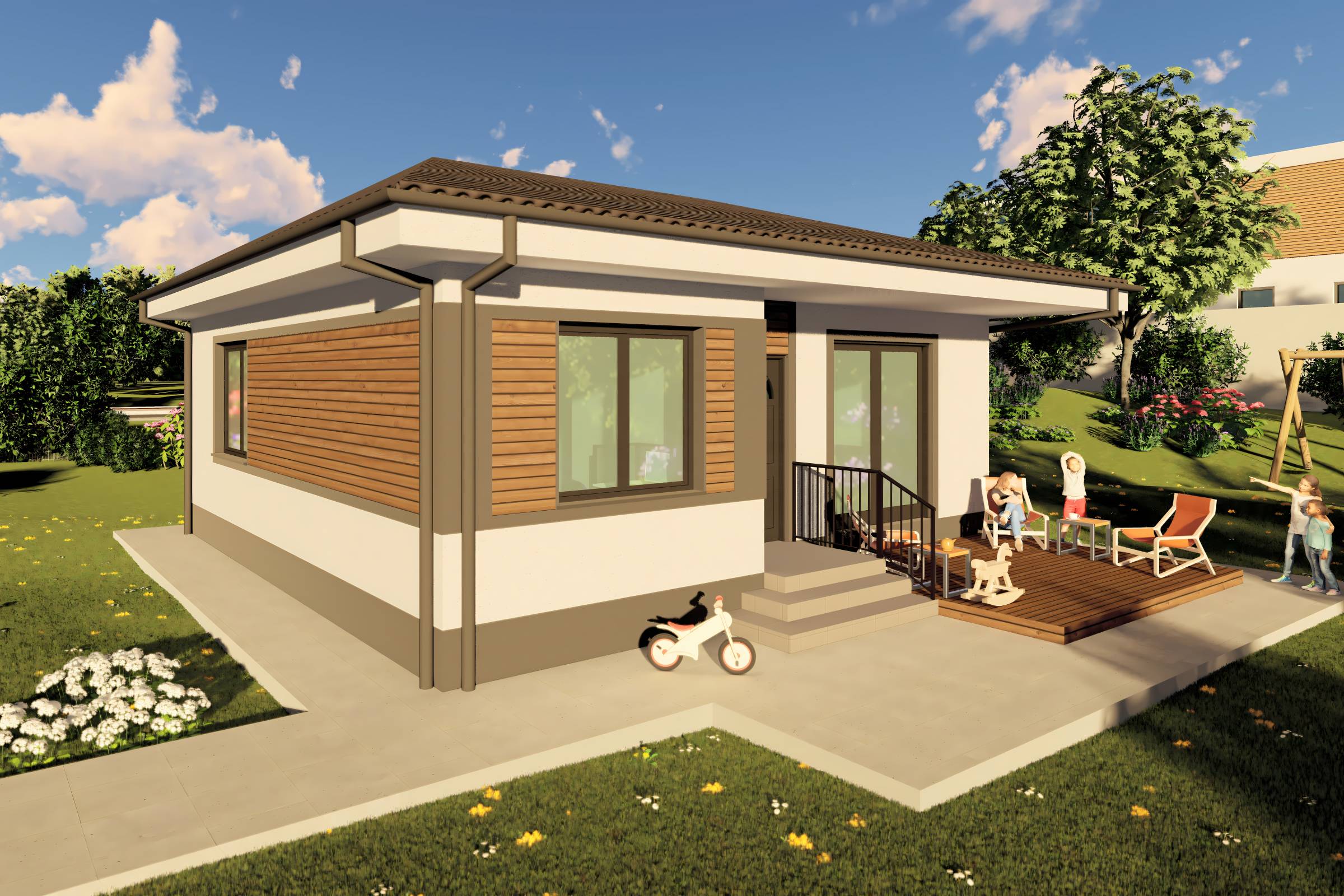 Proiect casa structura metalica cu 2  dormitoare 1 baie 70mp - design casa parter moderna cu caramida aparenta 16