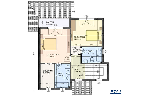 Proiect casa structura metalica cu etaj 2 dormitoare 176 mp - imagine plan casa la etaj