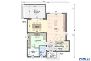 Proiect casa structura metalica cu etaj 2 dormitoare 176 mp - imagine plan casa la parter thumbnail