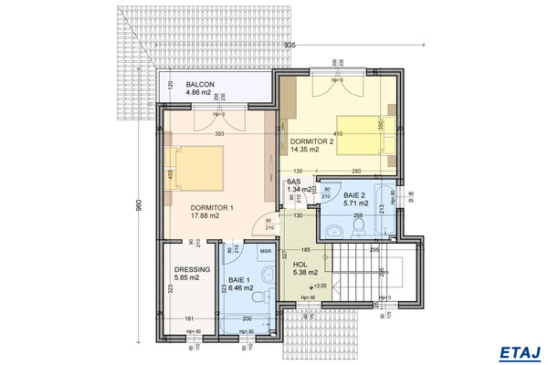 Proiect casa structura metalica cu etaj 2 dormitoare 176 mp - imagine plan casa la etaj