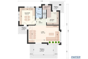 Proiect casa structura metalica cu etaj 3 dormitoare 228-121 - plan parter casa thumbnail