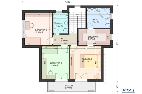 Proiect casa structura metalica cu etaj 3 dormitoare 228-121 - plan etaj casa