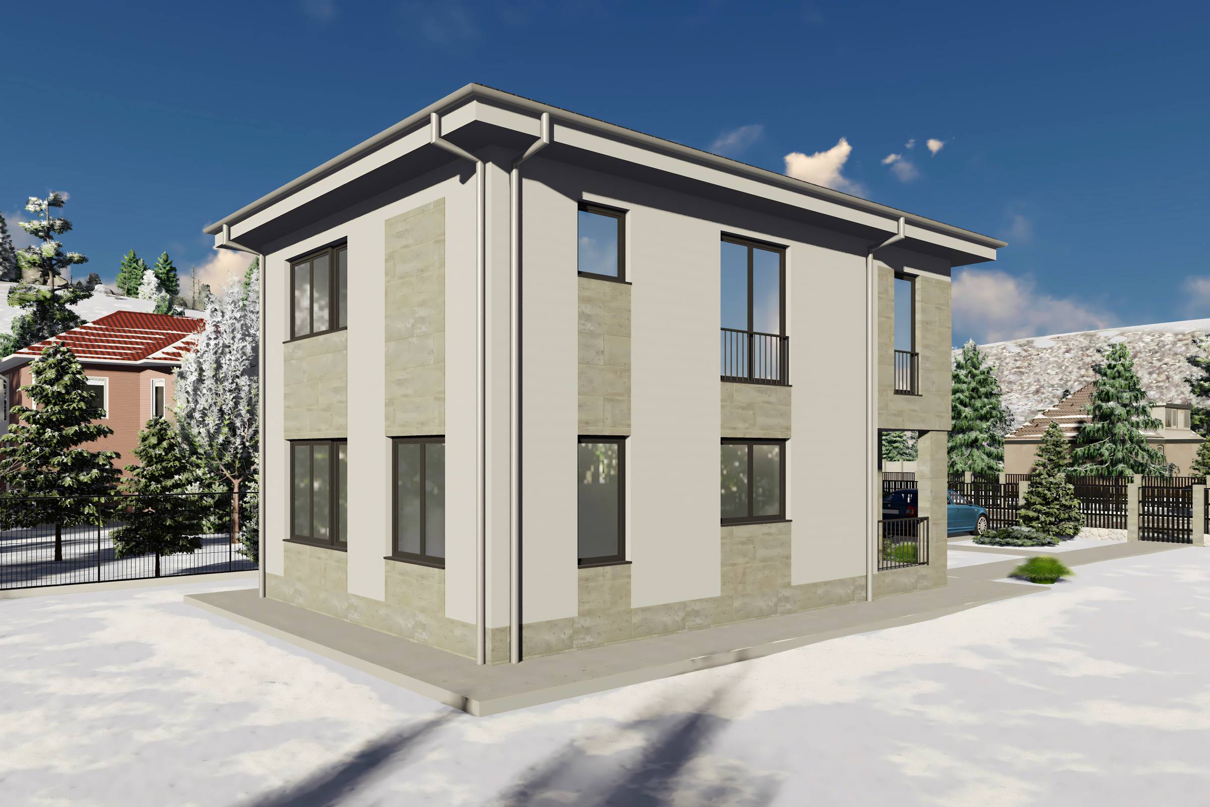 Proiect casa structura metalica cu etaj 4 camere 3 bai 150mp - design casa moderna 09