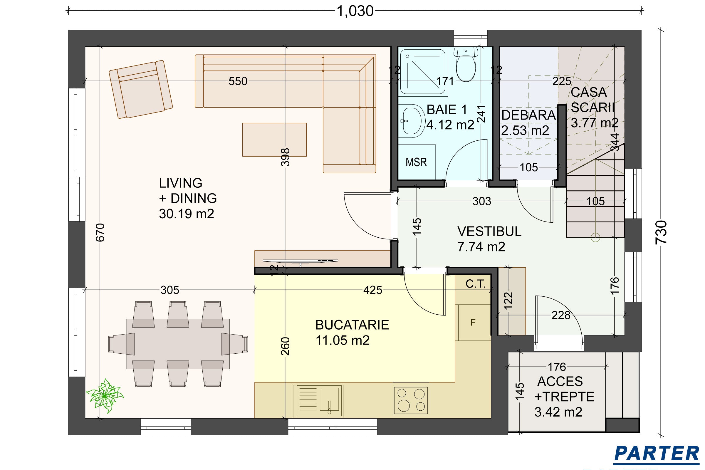 Proiect casa structura metalica cu etaj 4 camere 3 bai 150mp - plan parter casa moderna