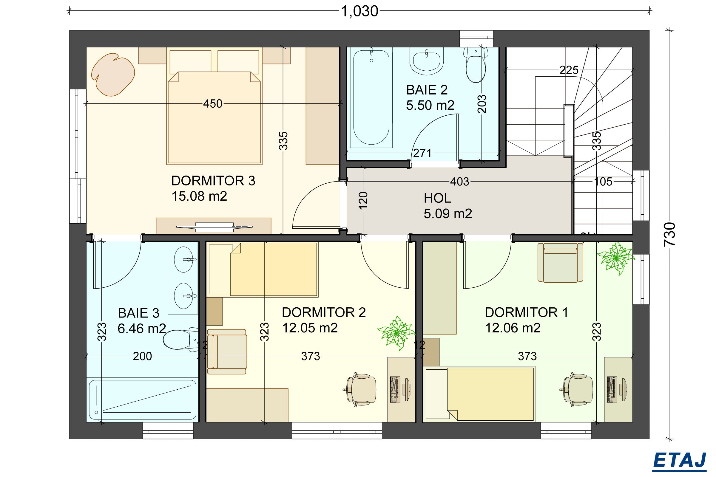 Proiect casa structura metalica cu etaj 4 camere 3 bai 150mp - plan etaj casa moderna