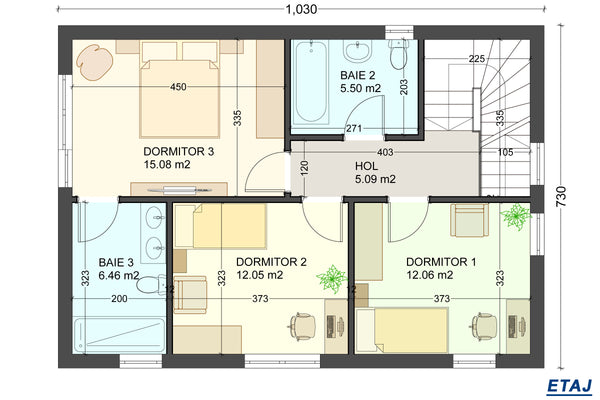 Proiect casa structura metalica cu etaj 4 camere 3 bai 150mp - plan etaj casa moderna