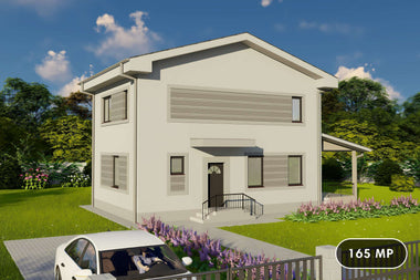 Proiect casa structura metalica cu etaj 4 camere 3 bai 160mp - design exterior cladire 01