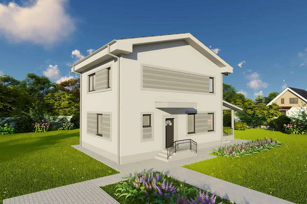 Proiect casa structura metalica cu etaj 4 camere 3 bai 160mp - design exterior cladire 14