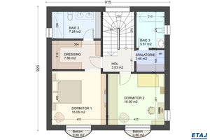 Proiect casa structura metalica cu etaj si mansarda de 270mp - compartimentare in plan etaj thumbnail