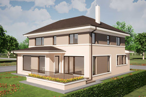 Proiect casa structura metalica cu garaj acoperit 300 mp - randare exterior imagine 2 thumbnail