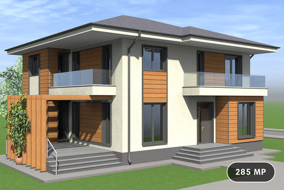 Proiect casa structura metalica cu terase si balcoane 285mp - fatada casa imagine 1