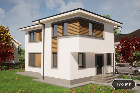 Proiect casa structura metalica cu un etaj si terasa 176-109 - design casa imagine 1