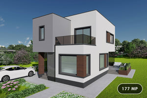 Proiect casa structura metalica P+E cu acoperis ascuns 180mp - casa moderna poza 1 thumbnail