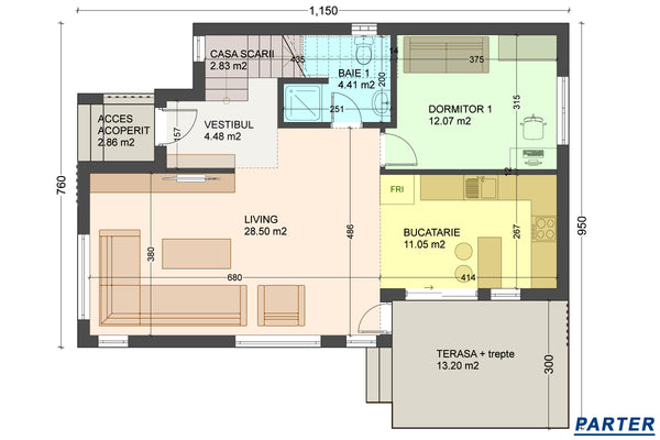 Proiect casa structura metalica P+E cu acoperis ascuns 180mp - plan casa moderna la parter