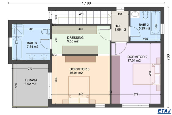 Proiect casa structura metalica P+E cu acoperis ascuns 180mp - plan casa moderna la etaj
