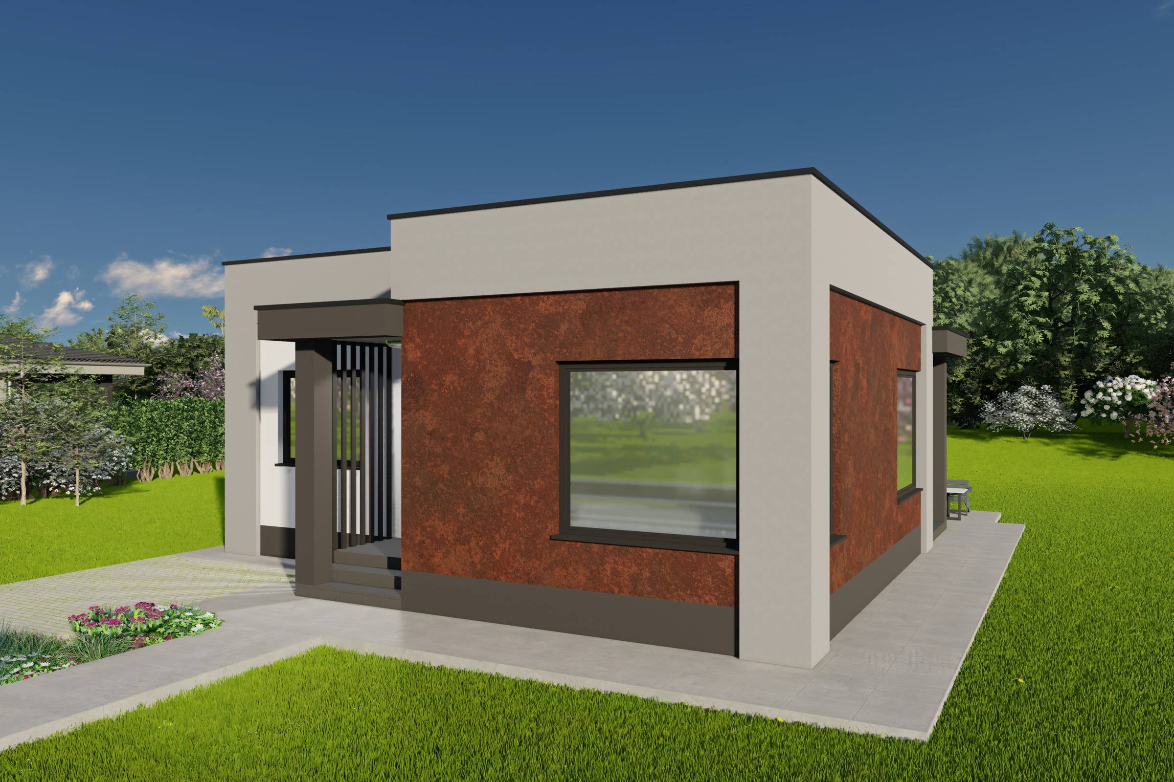 Proiect casa structura metalica pe un nivel 2 dormitoare 149 design exterior poza 02